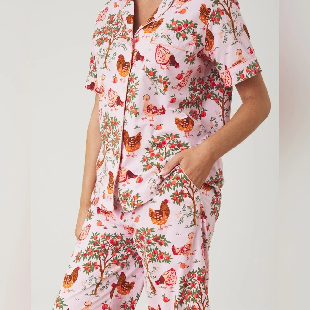 PRINTFRESH 100% Organic Cotton Top & Cropped Pants Hen House Ballet Pink XXS GUC - Picture 4 of 14